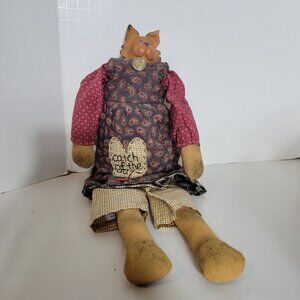 Vintage Enesco Folk Art Cat Doll With Button Accents & Plaid Outfit 14.5"